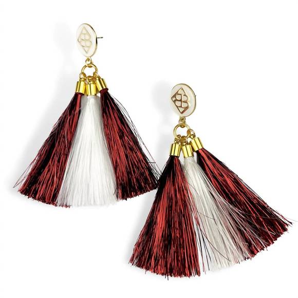 NEW BRIANNA CANNON metallic jumbo tassel earrings in maroon and white - Picture 1 of 2